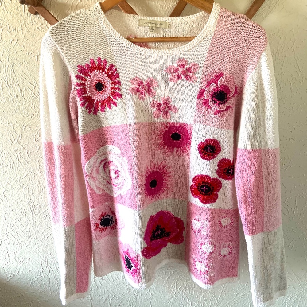 Vintage Northern Isles Sweater Pink Flowers Sz M